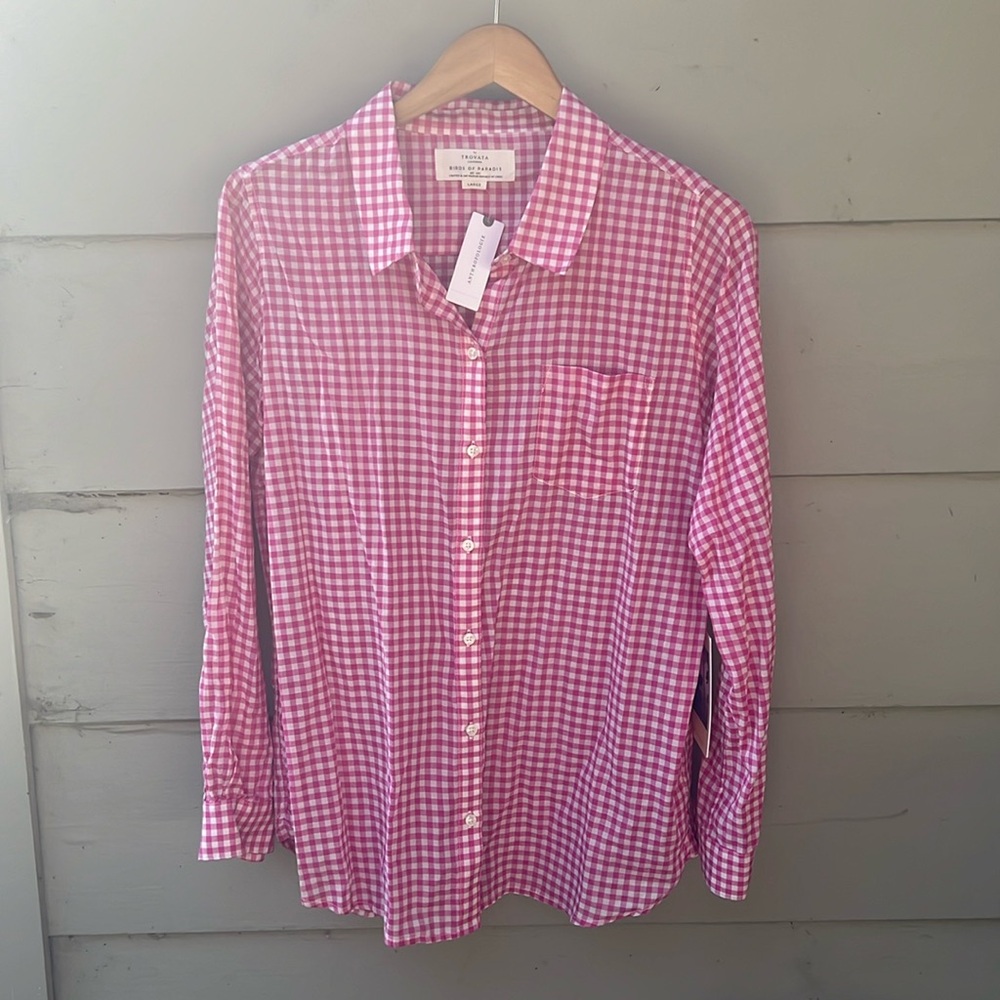 Trovata Birds of Paradis blouse, size L, NWT, pink and white gingham